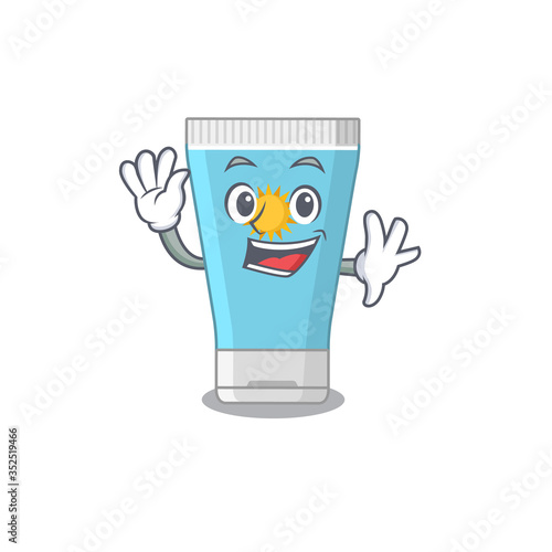A charming sunblock cream mascot design style smiling and waving hand