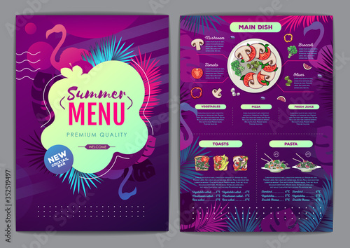 Restaurant summer tropical gradient menu design with fluorescent tropic leaves and flamingo. Fast food menu