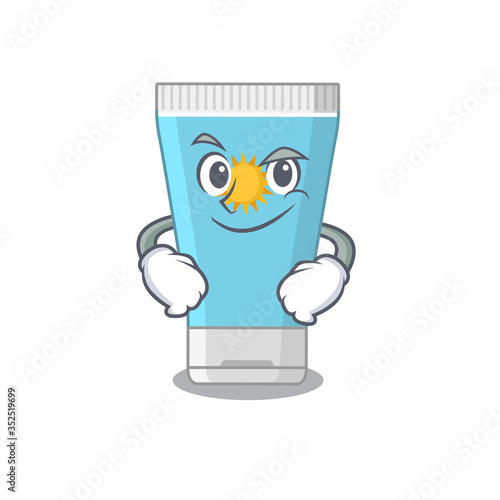 A cute arrogant caricature design of sunblock cream having confident gesture