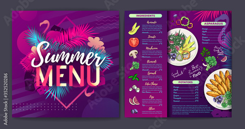 Restaurant summer tropical gradient menu design with fluorescent tropic leaves and flamingo. Fast food menu