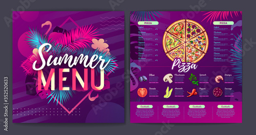 Restaurant summer tropical gradient pizza menu design with fluorescent tropic leaves and flamingo. Fast food menu