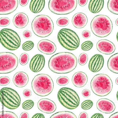 Whole, half cut and sliced watermelon seamless pattern. Red, pink and green colors. Hand painted watercolor illustration. Summer and fresh theme.