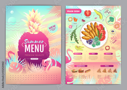 Restaurant summer tropical gradient menu design with fluorescent tropic leaves and flamingo. Fast food menu