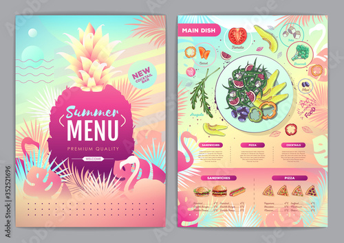 Restaurant summer tropical gradient menu design with fluorescent tropic leaves and flamingo. Fast food menu