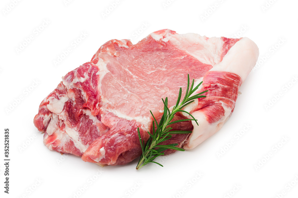 Raw pork slices with rosemary on white background. Clipping path.