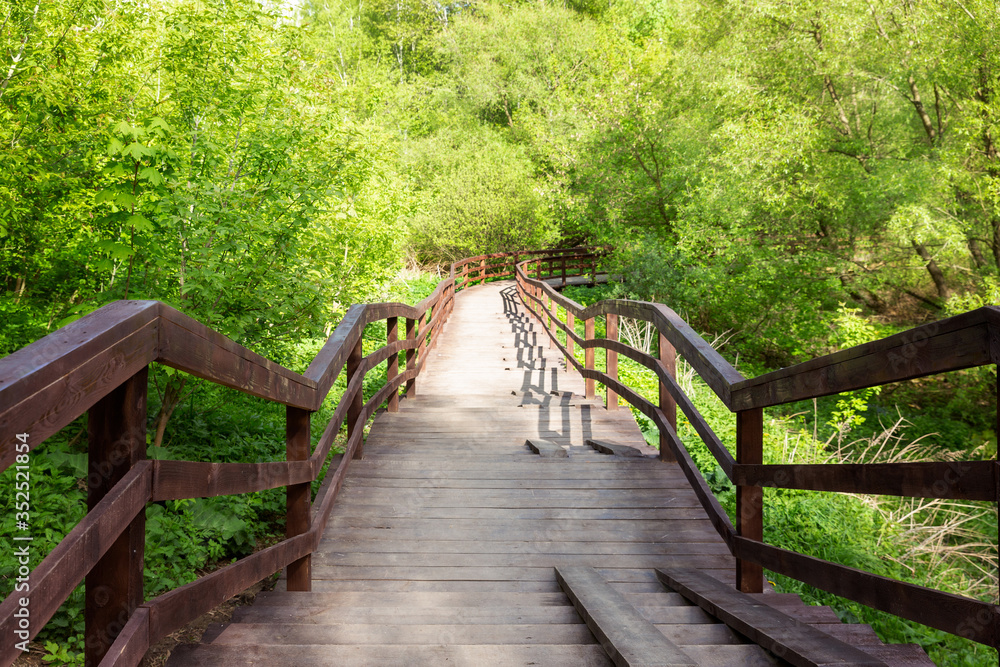 Beautiful wooden staircase that goes into the distance in the forest Park Beautiful wooden staircase that goes into the distance in the forest Park