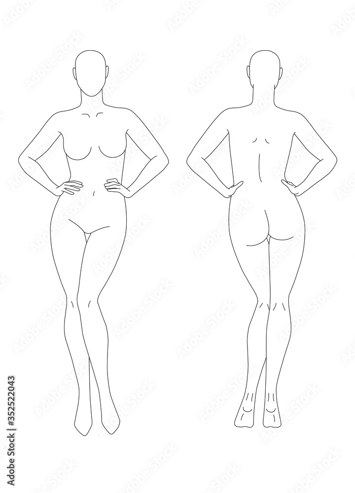 Sketch of a full female body. Front and back view. The position of the hands at the waist. Female body template for drawing clothes. You can print and draw directly on sketches. Fashion Illustration. Sketch of a full female body. Front and back view. The position of the hands at the waist. Female body template for drawing clothes. You can print and draw directly on sketches. Fashion Illustration.