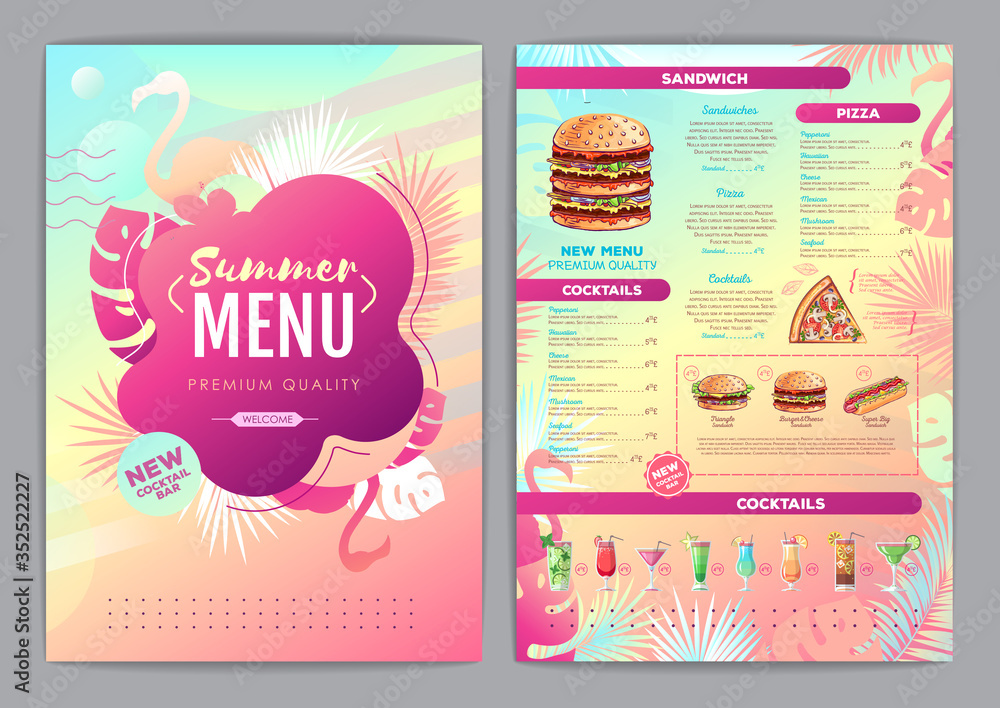 Obraz premium Restaurant summer tropical gradient menu design with fluorescent tropic leaves and flamingo. Fast food menu