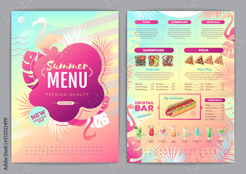 Restaurant summer tropical gradient menu design with fluorescent tropic leaves and flamingo. Fast food menu