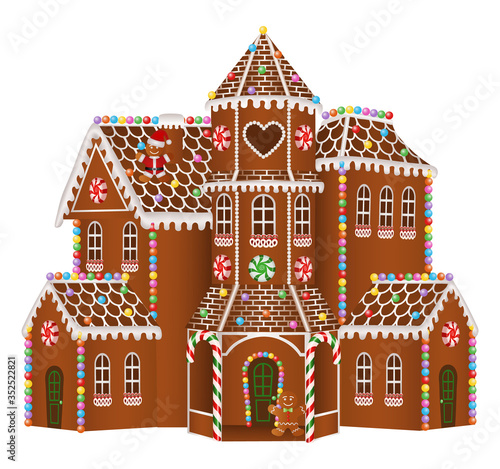 gingerbread big house with christmas candies, gingerbread man and gingerbread tree	