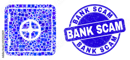 Geometric banking safe mosaic icon and Bank Scam stamp. Blue vector rounded scratched seal stamp with Bank Scam caption. Abstract mosaic of banking safe constructed of round, triangles,