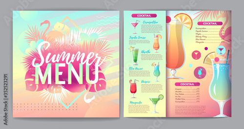 Restaurant summer tropical gradient cocktail menu design with fluorescent tropic leaves and flamingo.