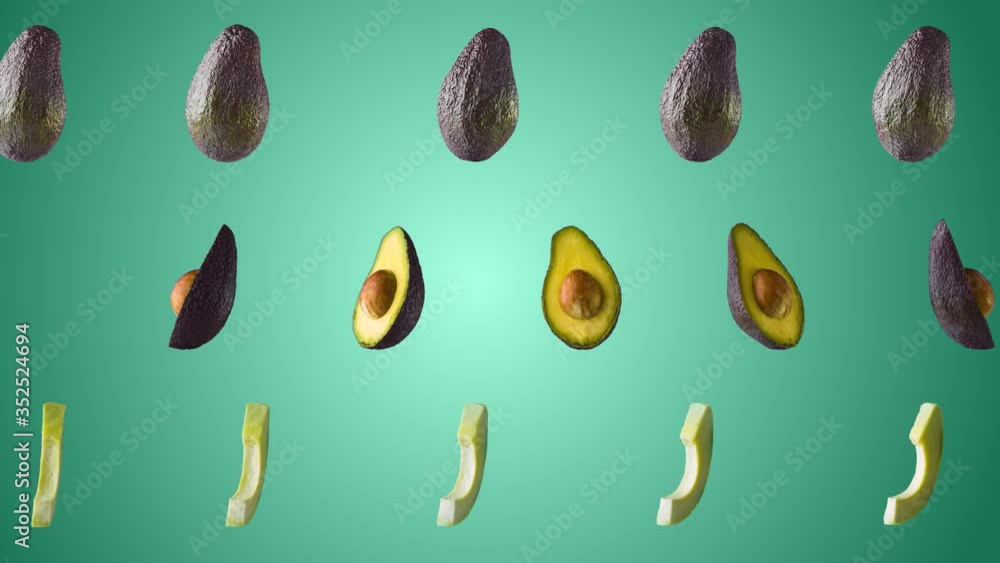 Avocado moves sideways on turquoise background Avocado moves sideways on turquoise background