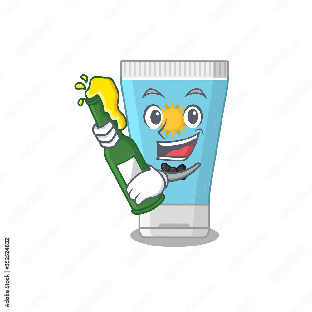 Φωτογραφία caricature design concept of sunblock cream cheers with bottle of beer