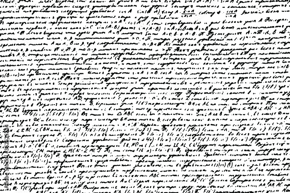 Monochrome background of unreadable handwriting. Grunge texture of illegible hand-written blurred math notes. Overlay template. Vector illustration