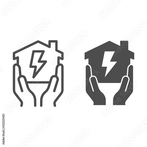 House in hands with electricity lightning line and solid icon, smart house concept, home energy vector sign on white background, power supply at home icon in outline style for mobile. Vector graphic.