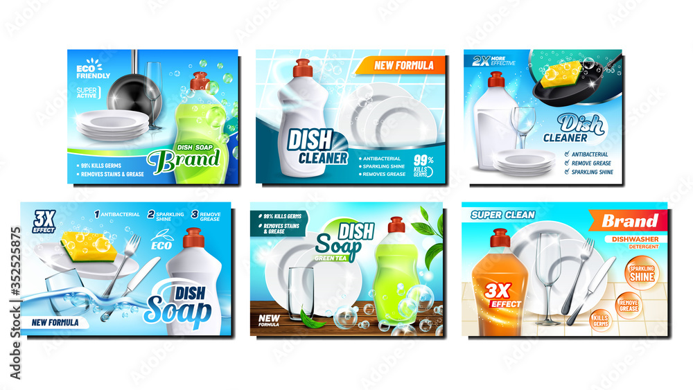 Dish Soap Detergent Advertising Posters Set Vector. Dishwashing Soap Blank Bottle And Sponge, Plates And Wine Glass, Fork And Knife. Chemical Liquid For Wash Utensil Color Concept Layout Illustrations