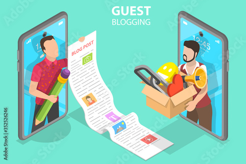 3D Isometric Flat Vector Concept of Commercial Blog Posting and Copywriting, Guest Blogging, Content Marketing Strategy.