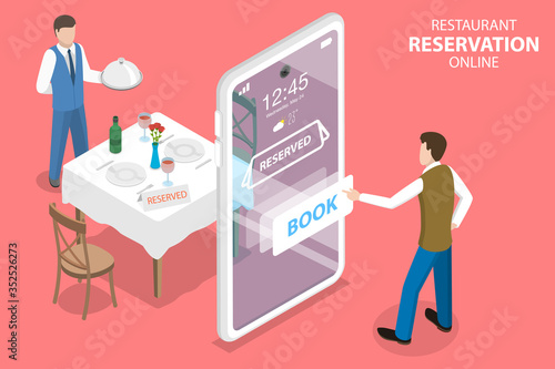 3D Isometric Flat Vector Concept of, Restaurant and Cafe Online Food Order App, Table Online Reservation, Mobile Booking.