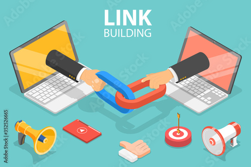 3D Isometric Flat Vector Concept of Link Building, SEO, Backlink Strategy, Digital Marketing Campaign.