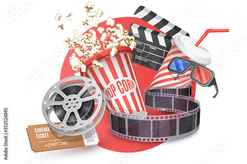 3D Vector Concept of Cinema Poster Composition with Popcorn, Clapperboard, 3d Glasses and Filmstrip, Movie Theater Icon, Cinematography and Filmmaking.