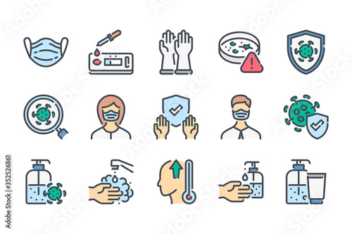 Virus and Coronavirus related color line icon set. Medical Mask and Covid Test colorful linear icons. Covid-19 Prevention flat color outline vector sign collection.