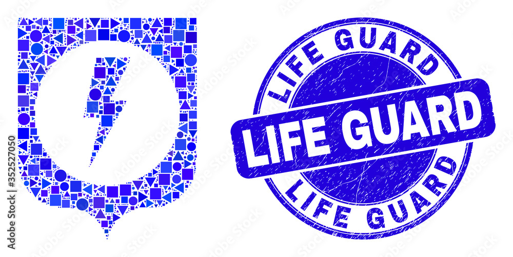 Geometric electric shield mosaic icon and Life Guard seal. Blue vector rounded textured seal stamp with Life Guard phrase. Abstract mosaic of electric shield done of sphere, tringle, Geometric electric shield mosaic icon and Life Guard seal. Blue vector rounded textured seal stamp with Life Guard phrase. Abstract mosaic of electric shield done of sphere, tringle,