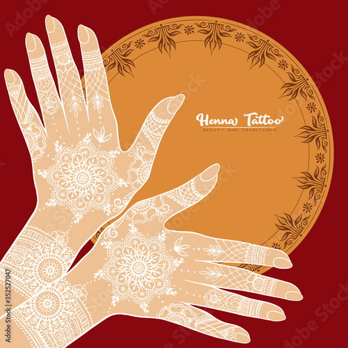 Female hands with traditional indian white henna tattoo. Template for tottoo salon banner, wedding invitation, gift voucher, label. Vector illustration.