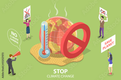 3D Isometric Flat Vector Concept of Stop Climate Change, Climate Social Movement, Global Warming and Natural Disaster.