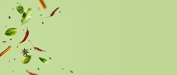 Creative mockup with flying various types of spices Bay leaf, red chili pepper, anise on green background with copy space. Long food banner with copy space.