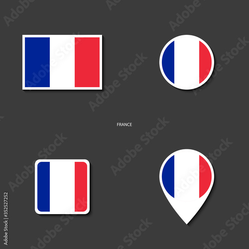french flag icon set in different shape (rectangle, circle, square and marker icon) on dark grey background. France sticker flag collection on barely dark background.