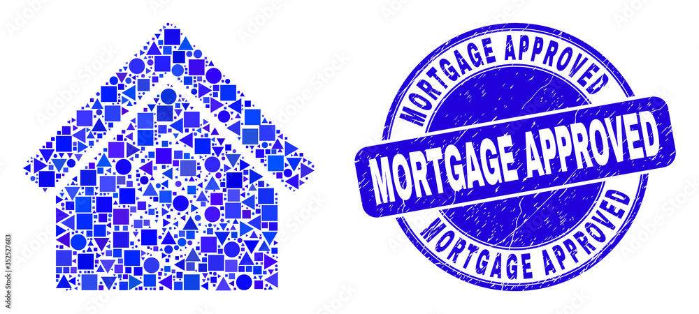 Obraz premium Geometric rent house mosaic icon and Mortgage Approved seal stamp. Blue vector round grunge seal stamp with Mortgage Approved text. Abstract mosaic of rent house created of sphere, tringle,