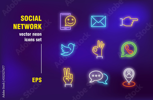 Social network signs set. Internet communication elements, message, ok hand gesture, geotag. Night bright advertising. Vector illustration in neon style for online chat emblems, banners, poster design