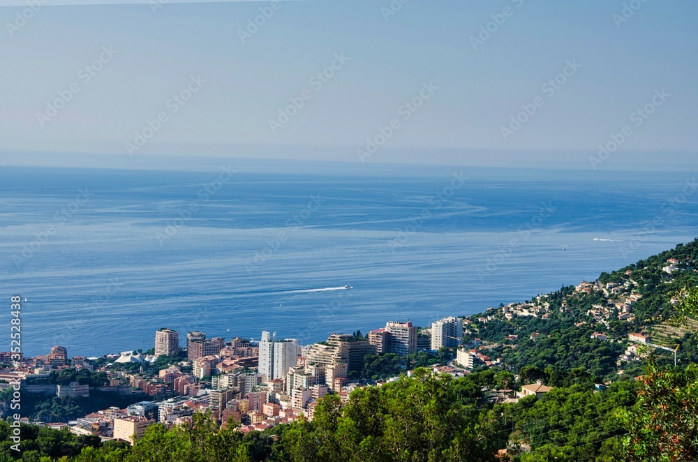 aerial view of Montecarlo, France, with its modern skyscrapers from the heights behind the city