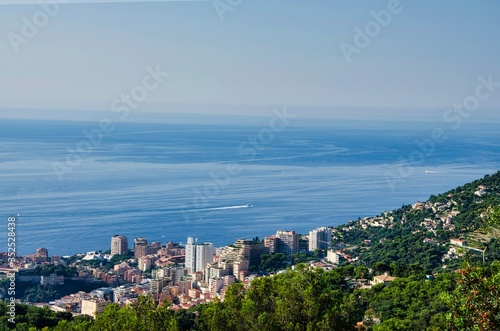 aerial view of Montecarlo, France, with its modern skyscrapers from the heights behind the city