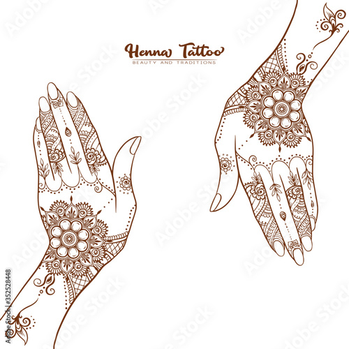 Female hands with traditional indian henna tattoo. Template for tottoo salon banner, wedding invitation, gift voucher, label. Vector illustration.