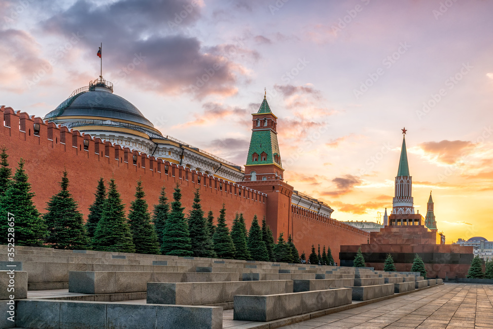 The wall of the Moscow Kremlin and the Mausoleum at sunset in the evening