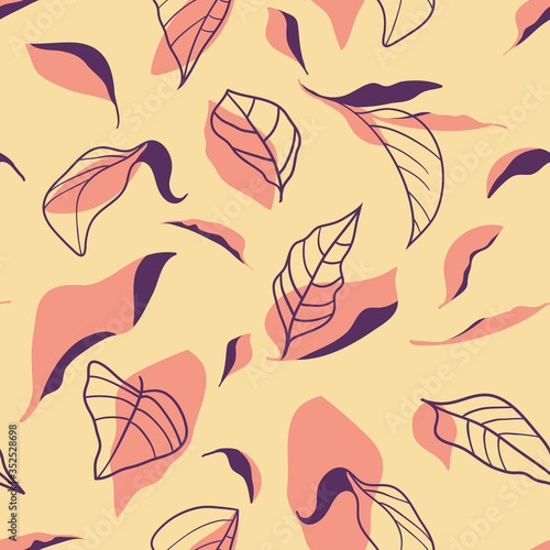 Lemon tree leaves in deep purple and coral colors. Seamless pattern on light nougat background. Can be used for websites, banners, prints, cards, decorations, covers, fabrics, wrappings.