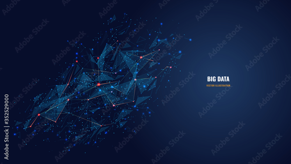 Vector abstract futuristic image of artificial intelligence connectivity. Low poly mesh looks like stars or space. AI technology, network, big data analysis concept with lines, dots and blue particles - obrazy, fototapety, plakaty 