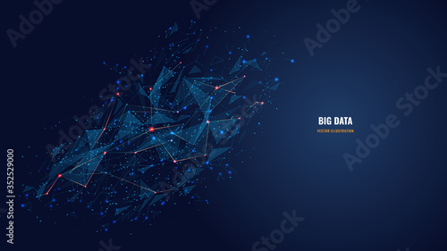 Vector abstract futuristic image of artificial intelligence connectivity. Low poly mesh looks like stars or space. AI technology, network, big data analysis concept with lines, dots and blue particles