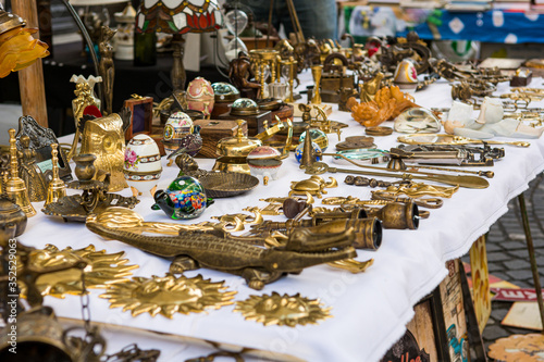 Many different objects being sold on local flea market.
