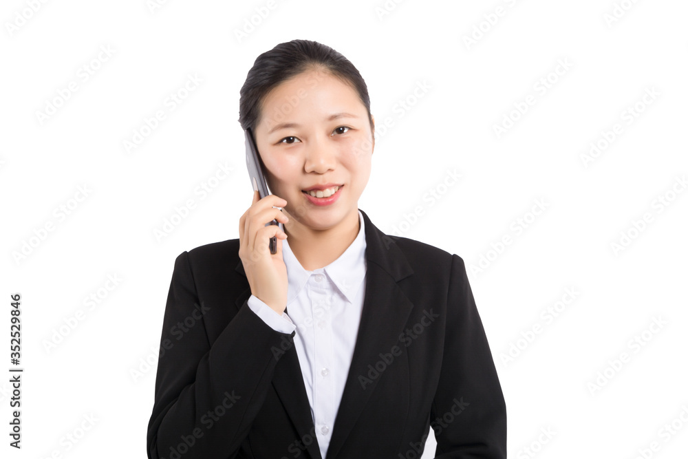 Young Business woman happy speaking mobile phone isolated on white background, model is a asian beauty Young Business woman happy speaking mobile phone isolated on white background, model is a asian beauty