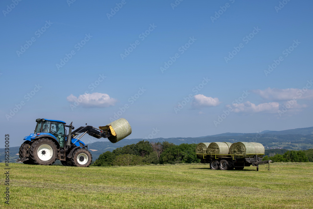 Obraz premium Landschaftspflege in der Landwirtschaft, Heuernte mit Maschinen, erster Grasschnitt , Rundballen werden verladen.