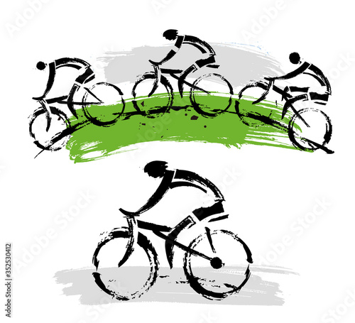 Mountain bikers on a hill. 
Two expressive grunge stylized illustrations of  mountain bikers. Vector available.