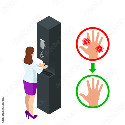Isometric automatic alcohol hand sanitizer dispenser protection coronavirus Covid-19. Rubbing alcohol, wall mounted soap dispenser, wall hanging hand wash container Covid-19 spread prevention.