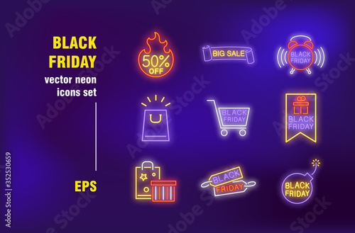 Black Friday neon signs set. Big sale, half price, discount, shopping cart, tags, bag. Night bright advertising. Vector illustration in neon style for marketing banners, promo posters, flyers design