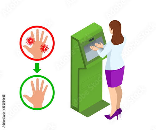 Isometric automatic alcohol hand sanitizer dispenser protection coronavirus Covid-19. Rubbing alcohol, wall mounted soap dispenser, wall hanging hand wash container Covid-19 spread prevention.
