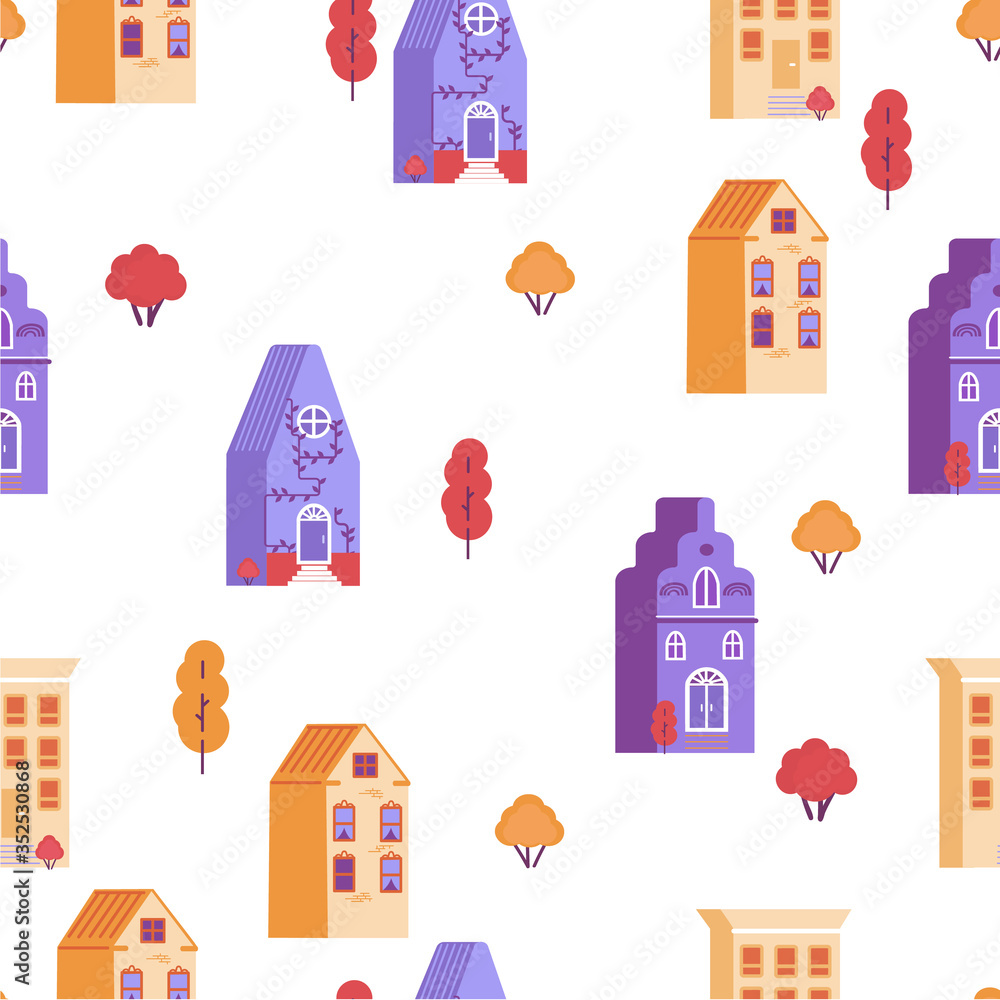 Fototapeta premium Pattern with cute houses of different colors and trees on a white background