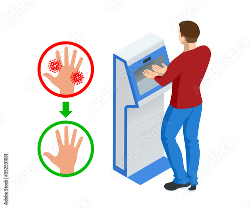 Isometric automatic alcohol hand sanitizer dispenser protection coronavirus Covid-19. Rubbing alcohol, wall mounted soap dispenser, wall hanging hand wash container Covid-19 spread prevention.