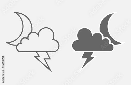 Thundercloud night icon. Line of clouds and lightning.  Flat. Vector illustration